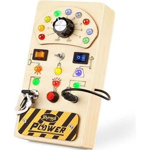 Joyreal Toddler Busy Board, Wooden Montessori Busy Board Sensory Board with LED Light Switch, Sensory Toys Baby Fidget Board Travel Toys for Toddler