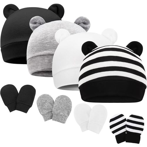 BQUBO Newborn Baby Bear Ears Hats and Mittens Sets Preemie Cotton Caps Baby Boy Girl Infant Hospital Beanie