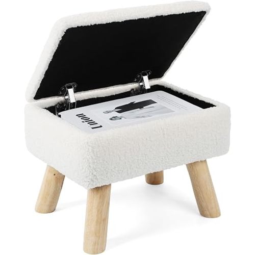 OGEMXU Storage Ottoman, Small Foot Stool Ottoman with Storage, Boucle Teddy Velvet Foot Rest with Padded Seat, Sturdy Wood Legs Stool for Living Room, Bedroom, Couch, Enterway (Cream)