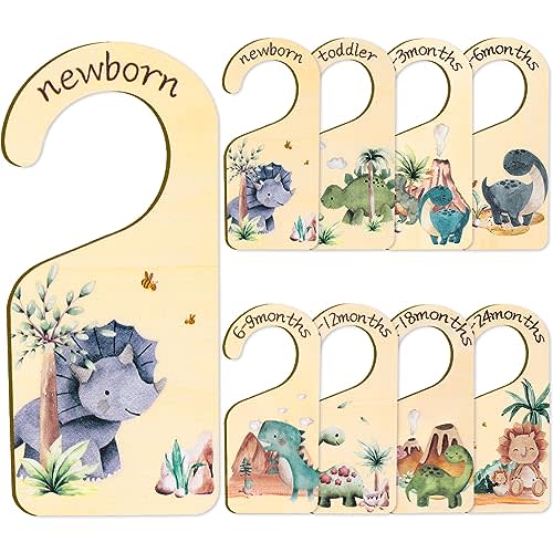 Whaline 8Pcs Baby Closet Size Dividers Dinosaur Hanging Wooden Baby Closet Organizer Newborn to 24 Months Thicken Infant Wardrobe Organizer for Home Nursery Bedroom Decor