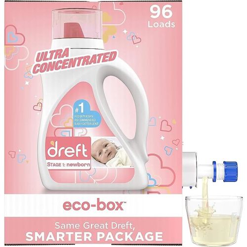Dreft Stage 1: Baby Laundry Detergent Liquid Soap Eco-Box, Natural For Newborn, Or Infant, Ultra Concentrated He, 96 Loads - Hypoallergenic For Sensitive Skin
