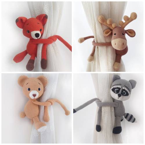 Jungle Themed Curtain Tie Back, Jungle Animals Baby Room Decor,Woodland Themed Nursery Decor,Amigurumi Fox Bear Deer Racoon Toy