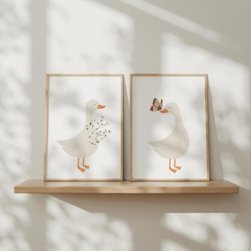 Floral Goose Nursery Print Set, Watercolor Cottage Decor (Digital Download)