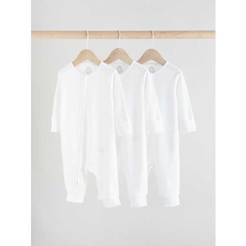 White 100% Cotton Two Way Zip Baby Footless Sleepsuits 3 Pack (0mths-2yrs)