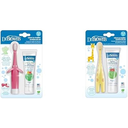 Dr. Brown's Infant-to-Toddler Toothbrush Sets, Pink Elephant & Giraffe with Fluoride-Free Baby Toothpastes, 0-3 Years