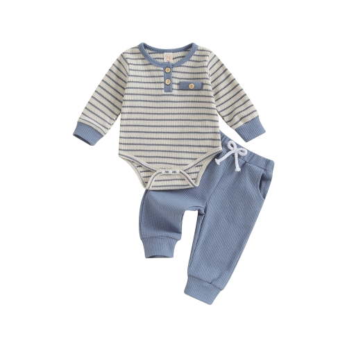 Hirigin Newborn Baby Boy Waffle Fall Winter Outfit 0 3 6 12 18 Months Button Long Sleeve Striped Romper Bodysuit Pants Set