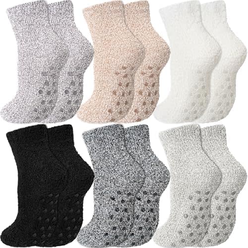 Geyoga 6 Pairs Fuzzy Socks with Grips for Women Non Slip Hospital Cozy Slipper Socks Winter Soft Warm Valentines Gift for Her