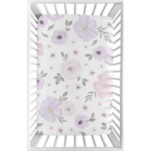 Sweet Jojo Designs Girl Baby Fitted Mini Crib Sheet Watercolor Floral Lavender Purple Pink and Grey