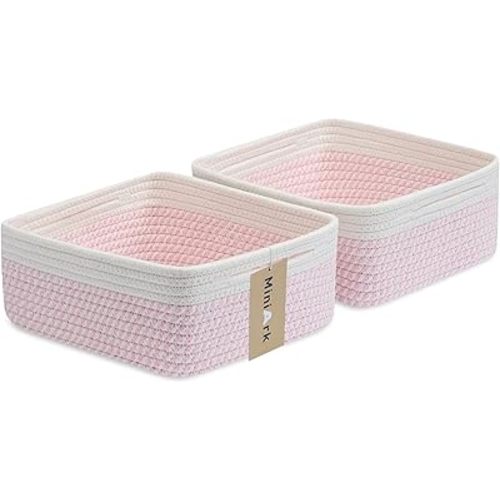 MiniArk Small Square Shallow Baskets for Organizing, 9.7x9.7x4.3 Inch Rope Woven Storage Bins for Cubes Closet, Shelves Storage, Boho Decorative Basket, 2 Packs Off White Pink