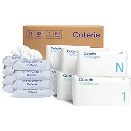 Coterie Baby Wipes + Diapers Kit, Size 1 (99 Count) & Size Newborn Diapers (93 Count), 8 Pack (448) Baby Wipes with 99% Water, Plant Based Materials, Hypoallergenic for Sensitive Skin