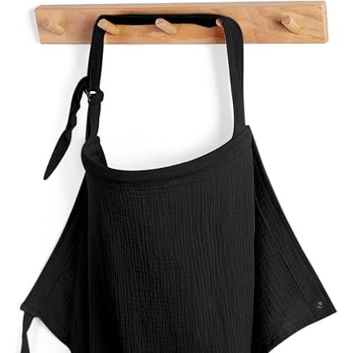 Blissful Diary Muslin Nursing Cover for Breastfeeding, Breathable Breastfeeding Cover up with Arch Neckline for Women, Nursing Apron (Black)