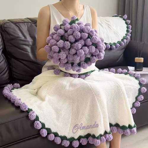 Personalized Crochet Rose Bouquet Blanket: Embroidered Name, Crocheted Flower Blanket Throw Purple