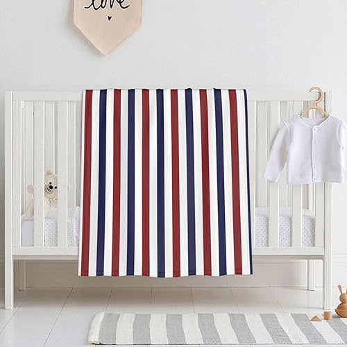 Red, White, and Blue Stripes Baby Blanket for Boys Girls, Soft Plush Receiving for Newborns 30x40 Inches
