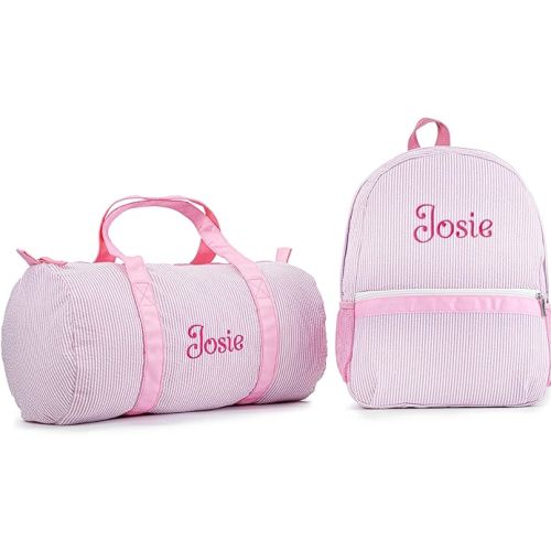 MT WORLD Kids' Backpacks and Travel Duffel Bags Set,Personalized Toddler Backpacks Overnight Bags for Girls with Embroidered Name,Seersucker Daypack with Weekender Bag,Seersucker Toddler Travel bag