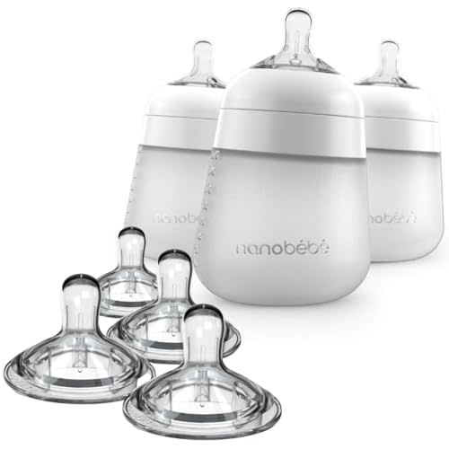 Nanobebe Silicone Baby Bottles 9oz 3pk White Bundled with Silicone Baby Bottles Nipples 4pk Slow Flow
