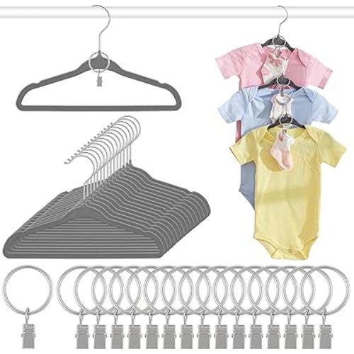 Hsei 25 Pack Gray Velvet Baby Hangers 11.02 Inch with Circle Hanging Clips Premium Non Slip Kids Felt Hangers for Closet, Space Saving Toddler Clothes Hanger for Infant Toddler