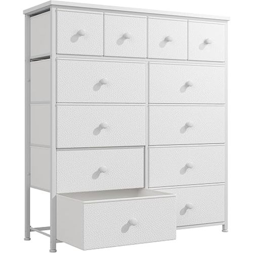 Bepatio Dresser for Bedroom with 12 Drawers, Fabric Dressers & Chest of Drawers with Sturdy Metal Frame, Wood Top, for Woman, 40.6" W x 11.8" D x 44.5" H (White)