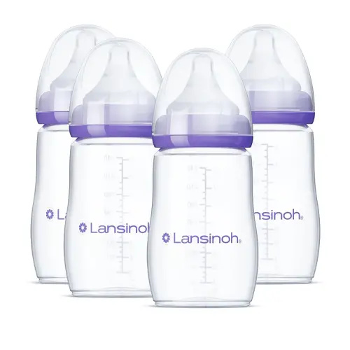 Lansinoh Anti-Colic Baby Bottles for Breastfeeding Babies, 8 Ounces, 4 Count, Includes 4 Medium Flow Nipples, Size M