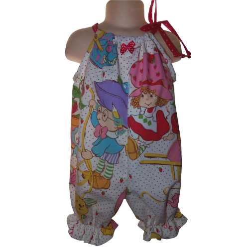 Strawberry Girl vintage  80s Fabric Birthday Overall Diaper Cover Bloomers Sunsuit Birthday Romper Size 2T