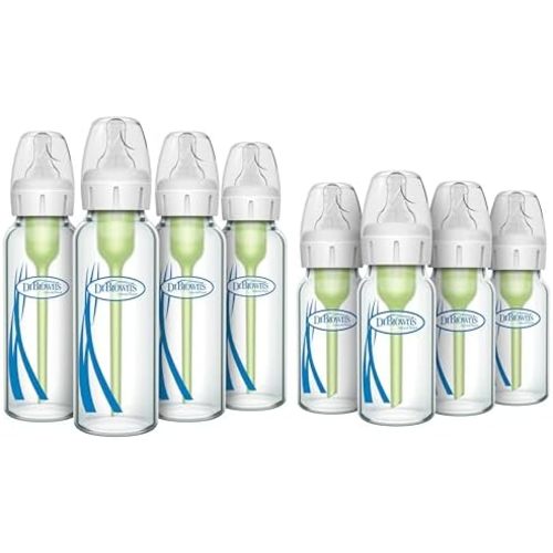 Dr. Brown's Anti-Colic Options + Narrow Glass Baby Bottle with Level 1 Slow Flow Nipple, BPA-Free, 0m+, 4 oz/120mL, 4-Pack + 8oz/250mL, 4-Pack