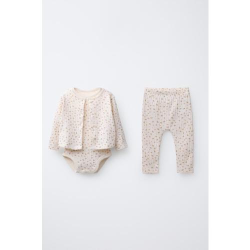 FLORAL PRINT CARDIGAN, BODYSUIT & LEGGING SET - Ecru | ZARA United States