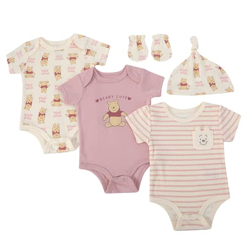 Magic Threadz Clothes Baby Girls 3-Pack Bodysuit Set with Hat and Mittens  Soft Cotton Minnie & Pooh Outfits (0M9M)