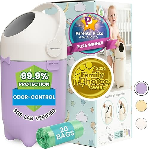 iTouchless Odor-Locking Diaper Pail - 2026 Award-Winning Ag+ Silver Ion Nursery Bin - Fits Any Bag, No Refills Needed - Includes 20 Leak-Proof Bags (Holds 300 Diapers) - Lavender Orchid Hygienic Bin