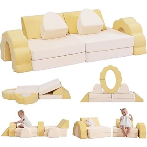 Kids Couch 10PCS, Modular Kids Play Couch, Multifunctional Foam Toddler Sofa, Imaginative Convertible Play Sofa for Playroom(Medium Size, Yellow+Beige)