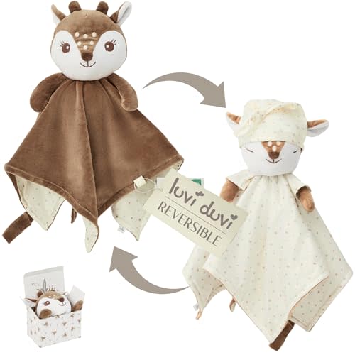 Zelkii Loveys for Babies, Security Blanket for Babies and Toddlers, Reversible Lovey for Girls and Boys, Day and Night Friend. (Fawn)