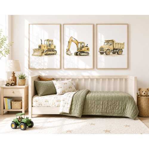 Set of 3 Construction Boy's Room Posters | Watercolor Toddler Room Wall Art | Dump Truck Excavator Bulldozer Print Set