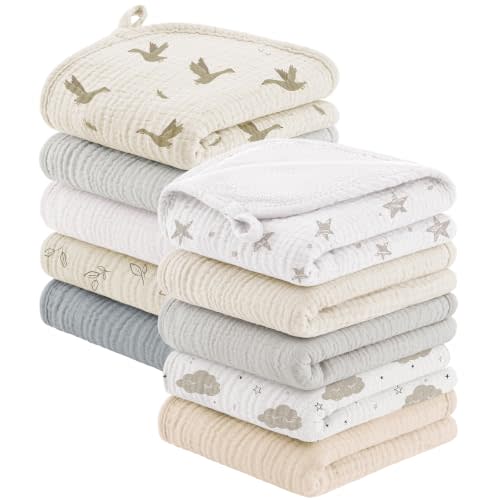 Bearmoss 10 Pack Muslin Burp Cloths, 20"×10" Absorbent Baby Burping Cloths | Soft Spit Up Rags for Unisex Boys and Girls, Newborn Essentials Large Extra Washcloths