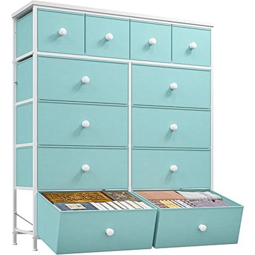 Romorgniz Dresser for Bedroom with 12 Fabric Drawers Tall Dressers & Chests of Drawers with Metal Frame, Wood Top, Anti-Tip Kit, 38.97" W Wide Storage for Entryway Living Room Closet Dorm, Turquoise