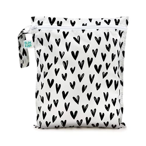 Bumkins Waterproof Wet Bag, Washable, Reusable for Travel, Beach, Pool, Stroller, Diapers, Dirty Gym Clothes, Wet Swimsuits, Toiletries, 12x14 – Black Hearts