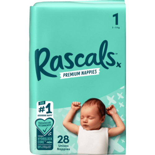 Rascals Premium Nappies Unisex Size 1 3-5kg Newborn 28pk