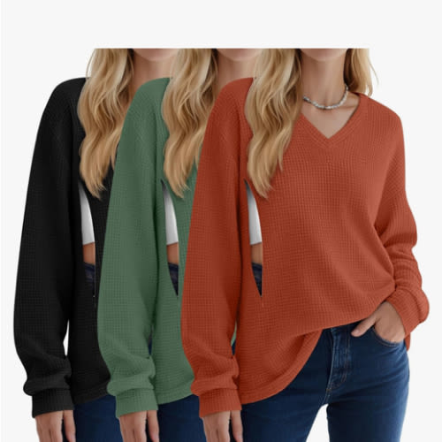 Sweetyweee 3 Pack Women's Oversized Nursing Tops Waffle Knit V Neck Breastfeeding Long Sleeve Shirts Hidden Zipper Sweatshirt