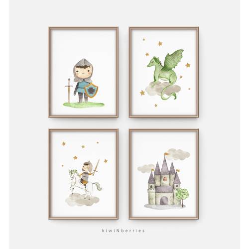 Knight and Dragon Nursery Prints: Boy's Room Wall Art (Digital Download)