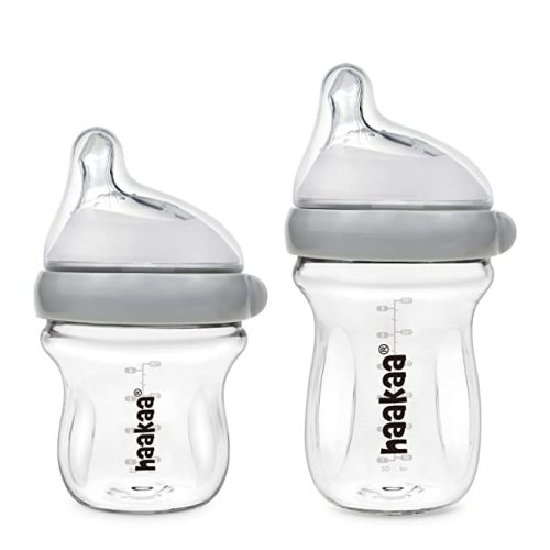 haakaa Gen.3 Natural Glass Baby Bottle Set 4.2oz & 6oz - Wide Neck Anti-Colic Slow Varibale Flow Nipple, 0M+ 3M+ 6M+ Breastfed Babies