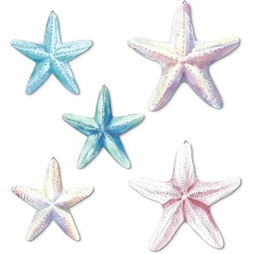 Putuo Decor Coastal Starfish Wall Art Set of 3, Nautical Ocean-Themed Pink Blue Beach Starfish Prints Wall Decor for Bathroom Living Room Bedroom Nursery Entryway Beach House