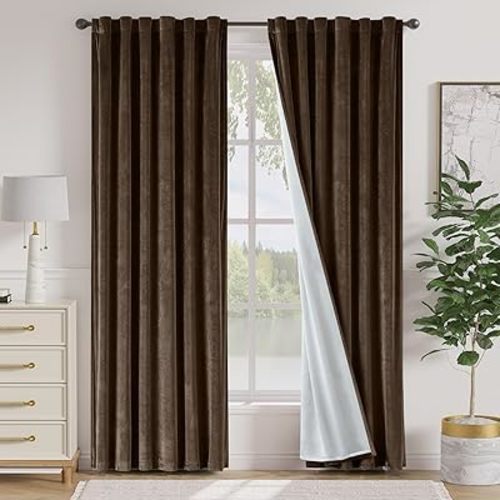 Lazzzy Dark Brown 84 Inch Long (52 x 84 Inch) Blackout Velvet Curtains Thermal Insulated Blackout Curtain Drapes Luxury Back Tab Window Treatments for Bedroom Living Room 2 Panels, Truffle