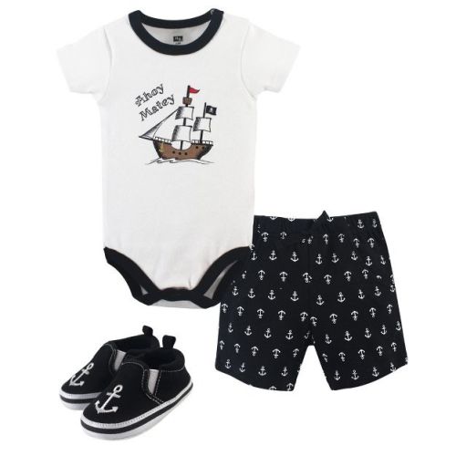 Hudson Baby Infant Boy Cotton Bodysuit, Shorts and Shoe 3pc Set, Pirate, 6-9 Months