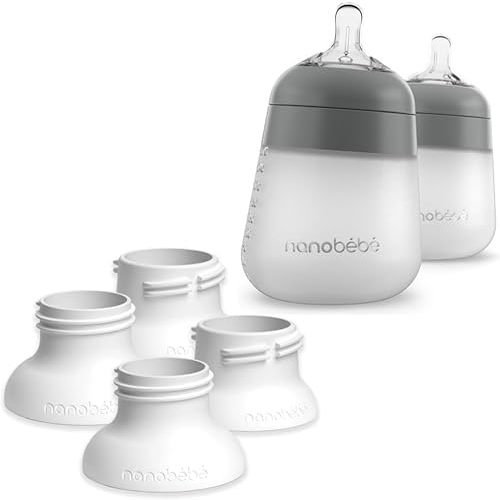 Nanobebe Flexy Silicone Baby Bottle 2-Pack Grey 9oz Bundled with 4 Pack Breast Pump Adapters