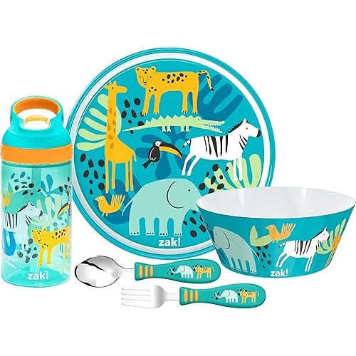 Zak Designs 5-Piece Dinnerware Set, Safari - Durable Plastic & Stainless Steel - Includes Water Bottle, 8-Inch Plate, 6-Inch Bowl, Fork & Spoon - Suitable for Kids Ages 3+