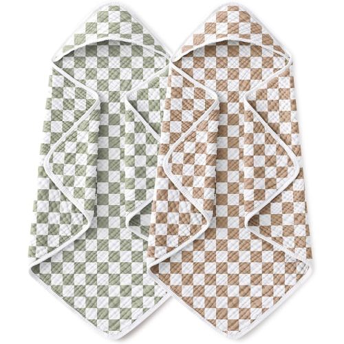 Yoofoss Hooded Baby Towels for Newborn 2 Pack 100% Muslin Organic Cotton Baby Bath Towel with Hood for Babies, Infant, Toddler and Kids, 32x32Inch, Soft and Absorbent, Green Brown Checkered