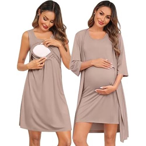 SWOMOG Women Maternity Nursing Gown and 3/4 Sleeve Robe Set Labor Delivery Nightgown Breastfeeding Hospital Bathrobe