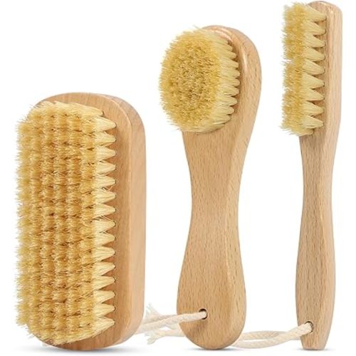 3-Piece Wooden Laundry Brush for Stains on Clothes - Gentle Boar Bristle Laundry Scrub Brush Stain Remover for Delicate and Everyday Fabrics