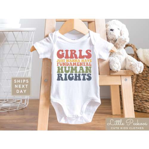 Girls Just Wanna Have Fundamental Human Rights Baby Onesie®, Retro Girl Power Natural Toddler Shirt, Feminism Kids T-shirt or Raglan Tee