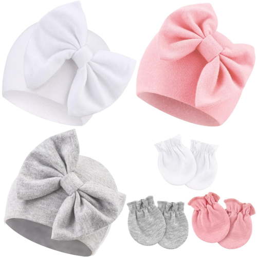 Newborn Baby Hats and Mittens Set Infant Bow Beanie Cap Toddler Gloves Newborn Hospital Hats for Baby Boy Girl Kid 0-6 Months
