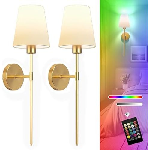Lightania Battery Operated Wall Sconces Set of 2, Rechargeable Wall Sconce with 5200mAh Dimmable Bulbs and Remote, 12 Color Wireless Wall Lamp for Living Room Bedroom Hallway, Gold, 24 Inch