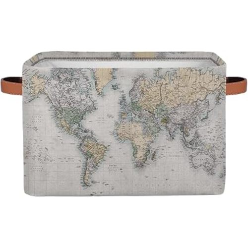 Vintage World Map Storage Basket Collapsible Laundry Organizer with Leather Handles Retro Map Print Rectangular Storage Box Bin 1 PC for Bathroom Clothes Kids Toys Nursery