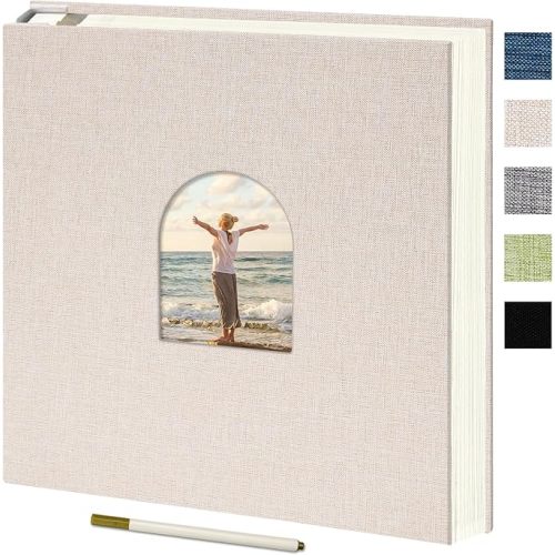 Vienrose 9.84x9.06 Inch Self-Adhesive Photo Album Linen Cover Arch Window Scrapbook Album 60 Pages Blank Inner Page Memory Book with A Metallic Pen, Beige